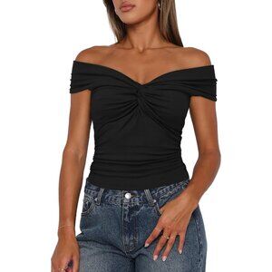 Black Darong Women Twist Knot Off Shoulder Cap Sleeve Y2K Summer Top Slim Fit